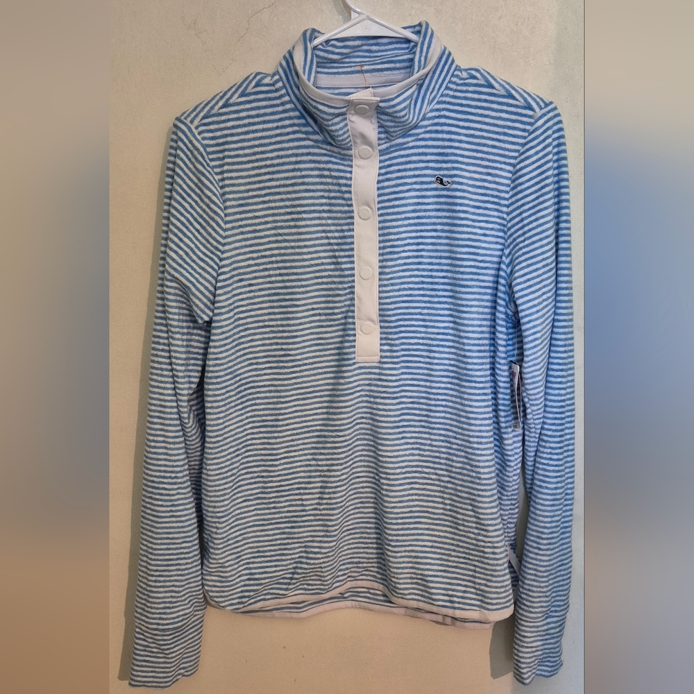Vineyard Vines Blue & White Striped Terry Towel Snap Pullover Sz.M NWT